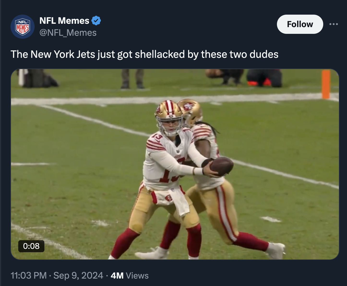 brock purdy hand off - Nel Nfl Memes The New York Jets just got shellacked by these two dudes 4M Views